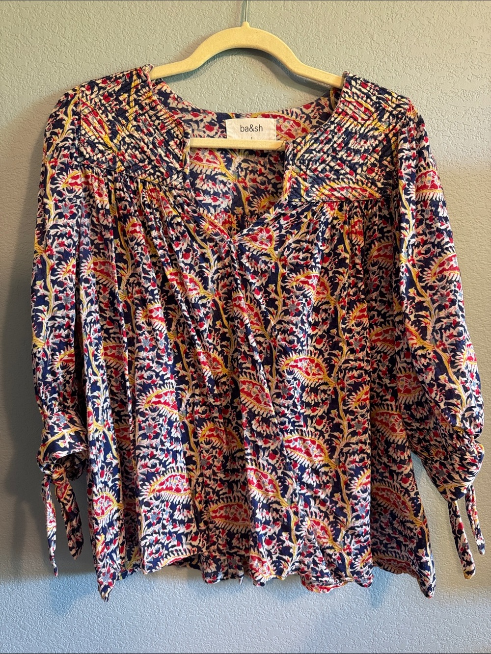 ba&sh Navy Multicolor Floral Peasant Blouse with Smocked Yoke